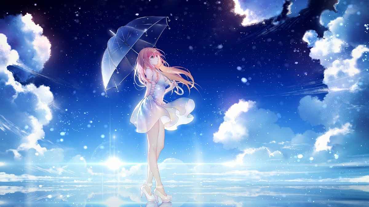Hình nền anime cô gái với ô giữa trời xanh, mây trắng, chất lượng HD, kích thước 1080x1920, tạo cảm giác thanh bình.