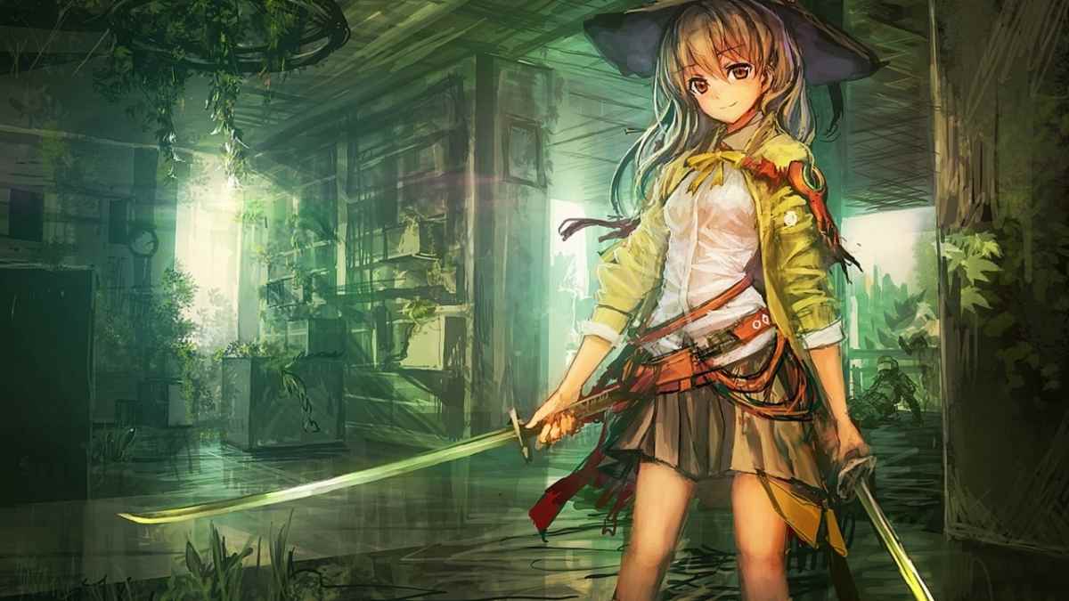 Hình nền anime cô gái cầm kiếm trong rừng, độ phân giải 1080x1920, chất lượng HD, phong cách phiêu lưu.