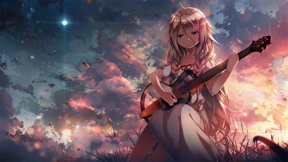 Ảnh anime cô gái chơi guitar dưới bầu trời hoàng hôn, độ phân giải 1080x1920, chất lượng HD, phong cảnh huyền ảo.
