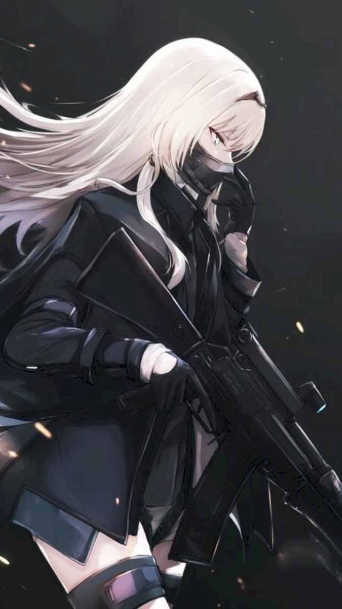 Anime nữ chiến binh cầm súng, đồ đen, tóc dài. Hình nền 1080x1920 HD, phong cách mạnh mẽ, nghệ thuật anime.
