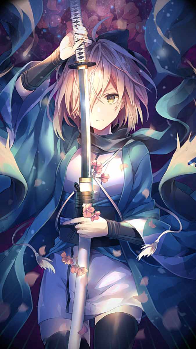 Hình nền anime kiếm sĩ mạnh mẽ, 1080x1920, chất lượng HD, tạo cảm giác huyền bí và cuốn hút.