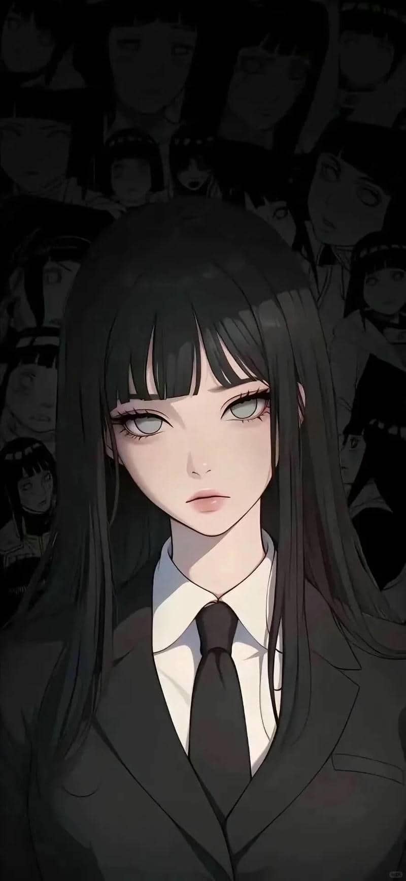 Hình nền anime cô gái bí ẩn, tóc đen dài, vest đen, 1080x1920 HD, phong cách nghệ thuật sắc nét, thu hút.