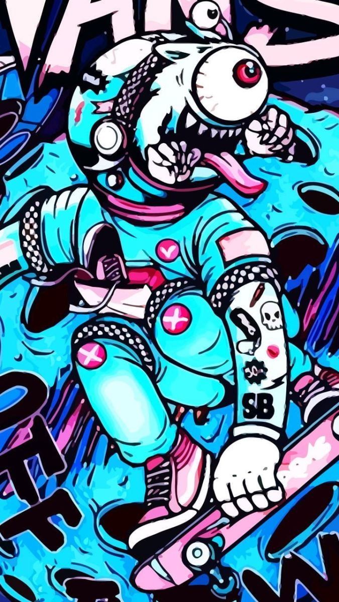 Hình nền nghệ thuật graffiti phi hành gia trượt ván, 1080x1920, chất lượng HD, sáng tạo và độc đáo.