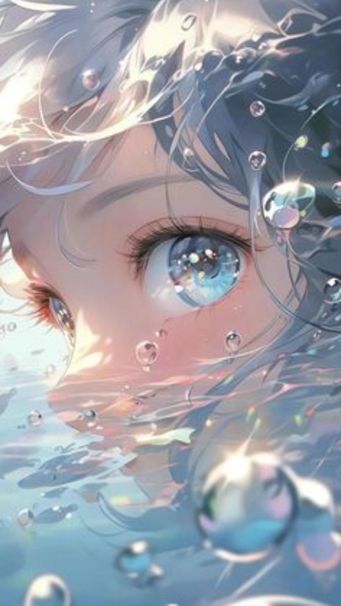 Hình nền anime mắt xanh lung linh dưới nước, độ phân giải 1080x1920, chất lượng HD, phong cách nghệ thuật cuốn hút.
