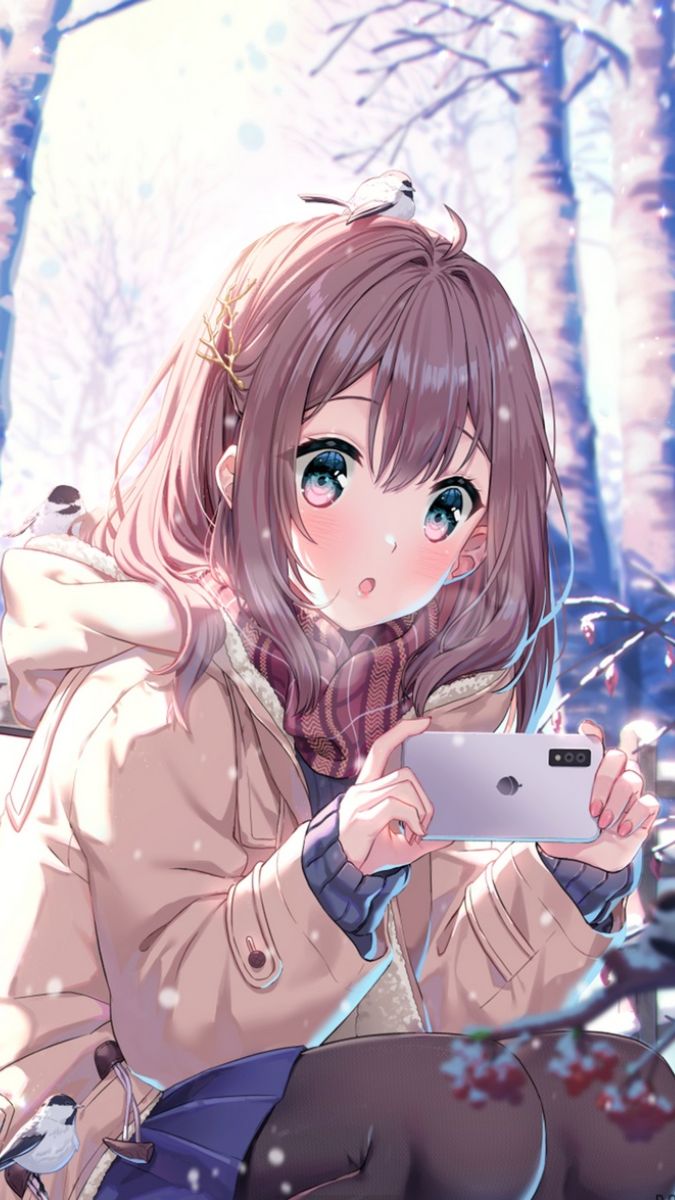 Anime girl in winter scene with smartphone, snowy forest background, HD quality, 1080x1920 resolution, captivating art.