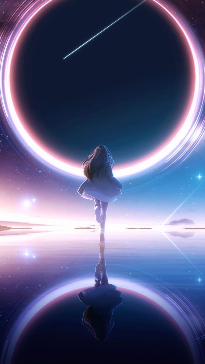 Hình nền anime huyền ảo, cô gái hướng về sao băng, phản chiếu trên nước, độ phân giải 1080x1920 HD.