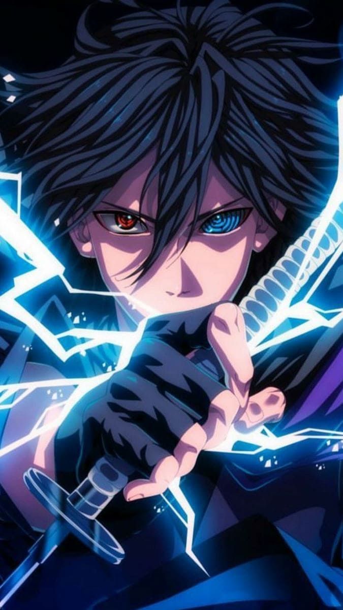 Hình nền anime chiến binh bí ẩn với kiếm và tia sét, chất lượng HD, độ phân giải 1080x1920.