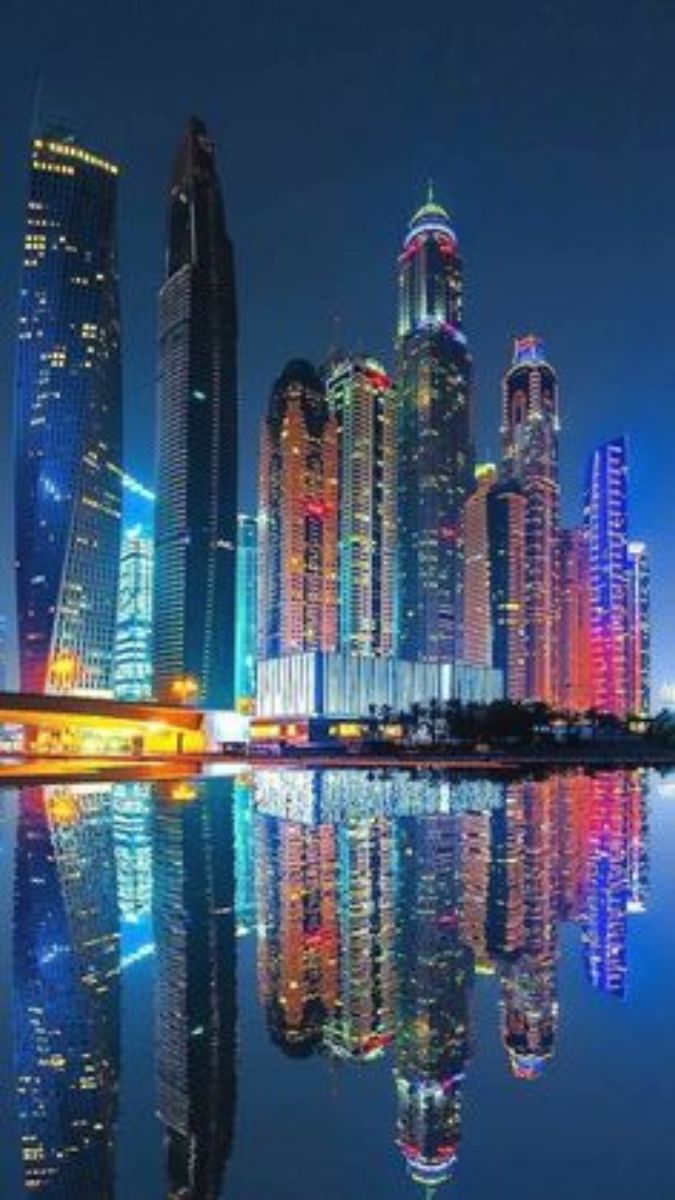Hình nền thành phố về đêm, tòa nhà chọc trời phản chiếu nước, độ phân giải 1080x1920, chất lượng HD, cảnh quan đô thị.