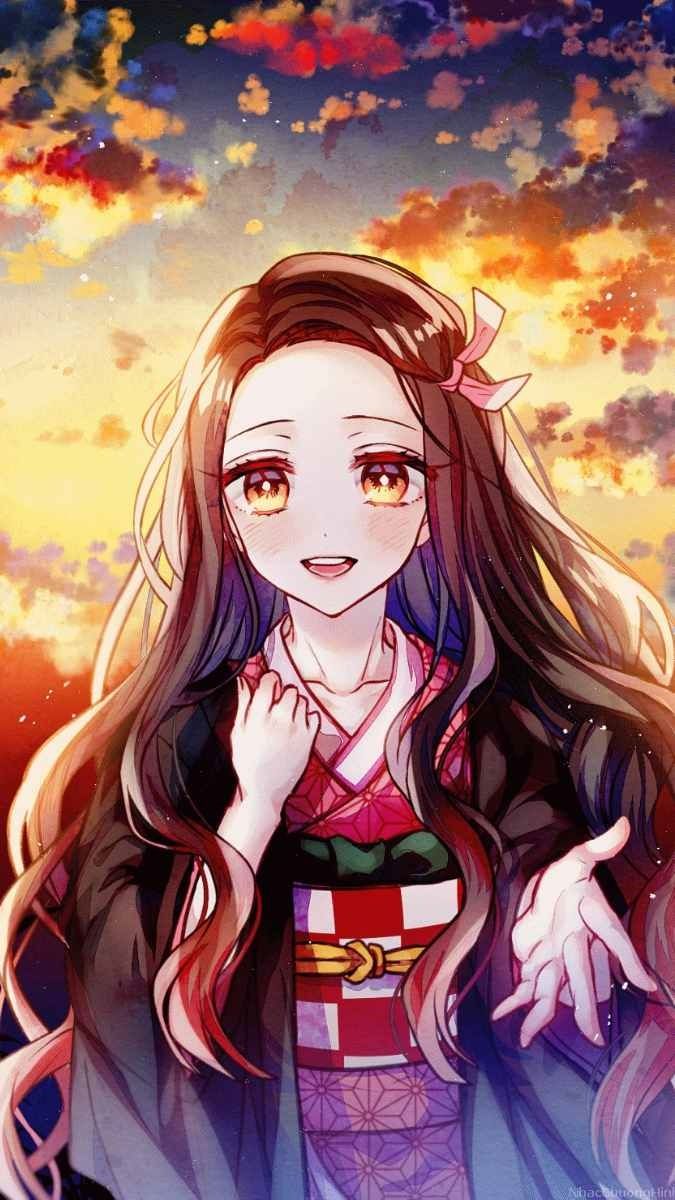Hình nền anime cô gái dưới bầu trời hoàng hôn rực rỡ, 1080x1920, chất lượng HD, phong cảnh nghệ thuật.