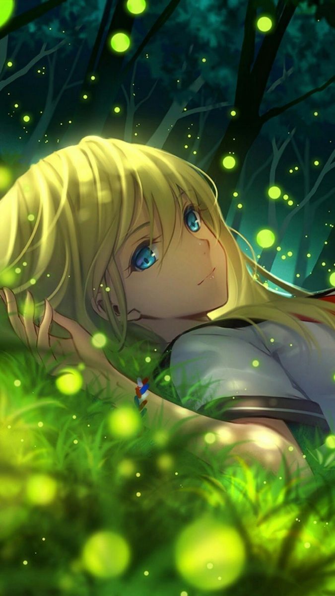 Hình nền anime cô gái tóc vàng nằm trong rừng, ánh sáng huyền ảo, độ phân giải 1080x1920, chất lượng HD.