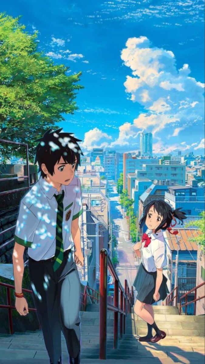 Anime học sinh trên cầu thang, trời xanh mây trắng, đô thị, 1080x1920 HD, hình nền sống động.
