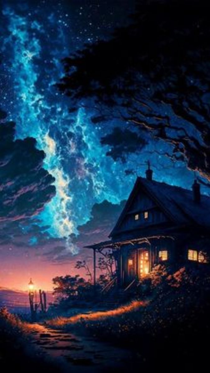 Ngôi nhà bên bầu trời sao huyền ảo, nền trời đêm lung linh, 1080x1920, hình nền HD đầy mê hoặc và bí ẩn.