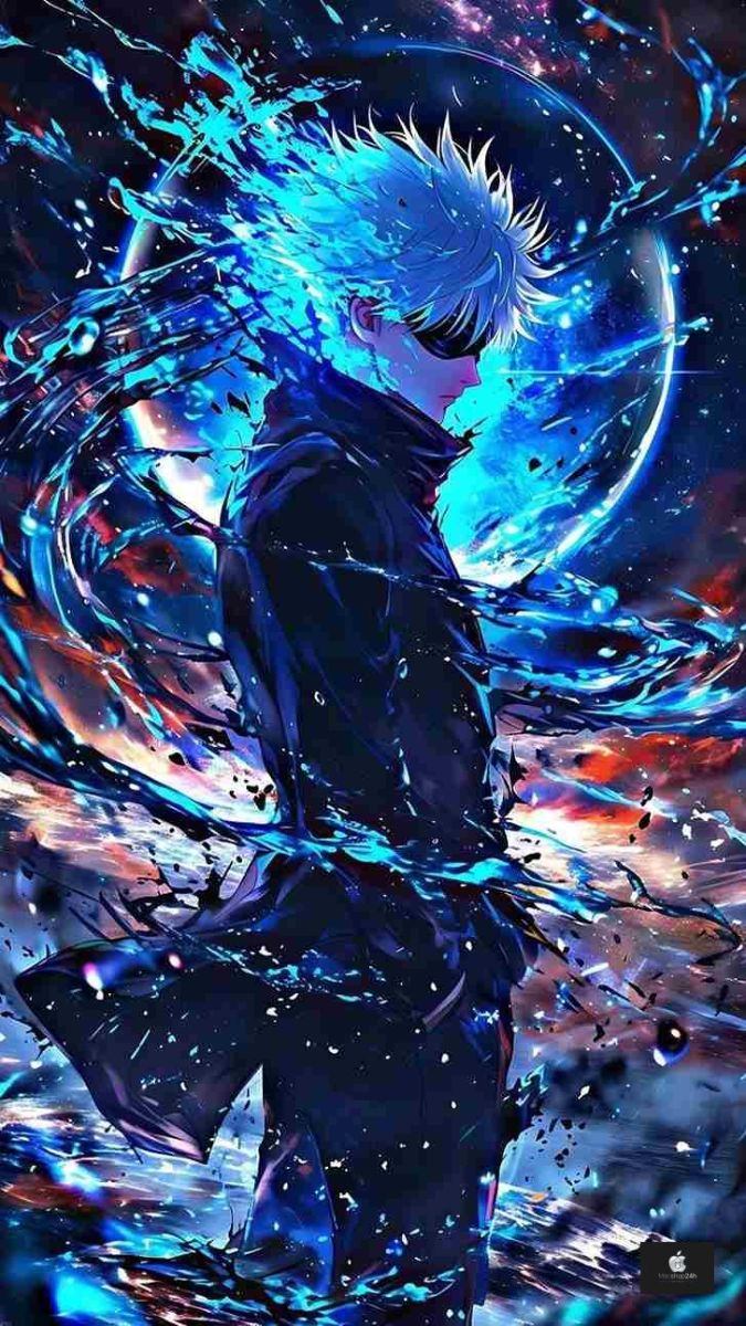 Hình nền anime nhân vật bí ẩn với hiệu ứng ánh sáng xanh huyền ảo, độ phân giải 1080x1920, chất lượng HD.