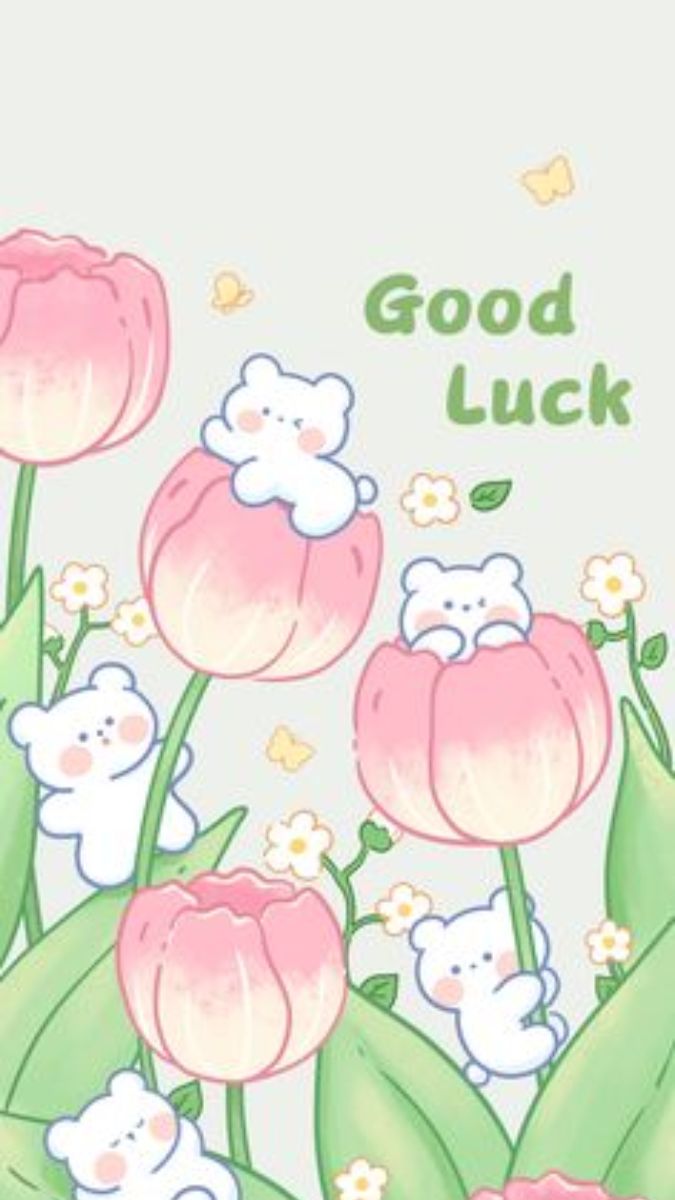 Hình nền dễ thương với gấu trắng trên hoa tulip hồng, chữ "Good Luck", độ phân giải 1080x1920, chất lượng HD.