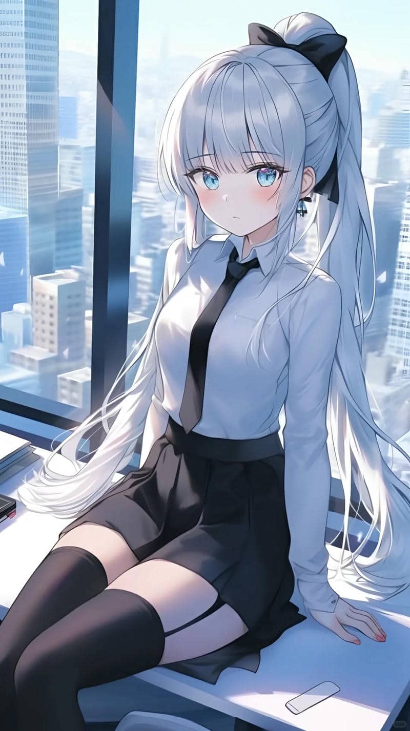 Hình nền anime cô gái tóc trắng, trang phục công sở, ngồi bên cửa sổ, chất lượng HD, độ phân giải 1369x768.