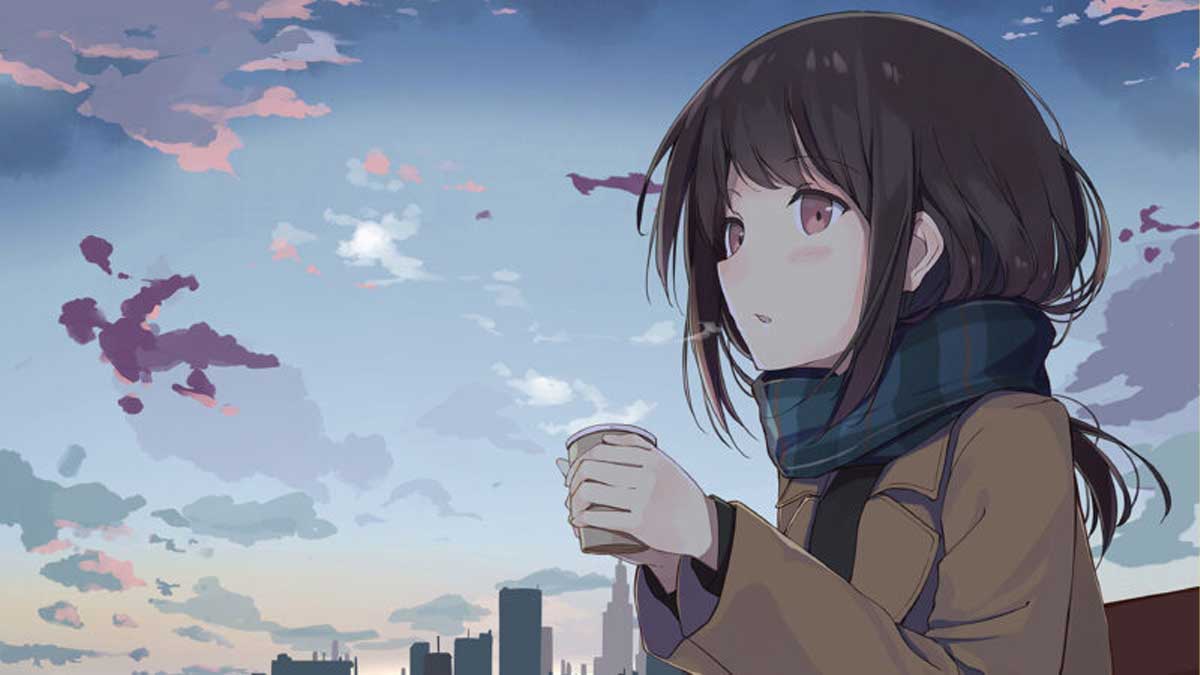 Hình nền anime cô gái ngắm hoàng hôn, HD 1080x1920, phong cảnh thành phố, sắc màu nhẹ nhàng, lãng mạn.