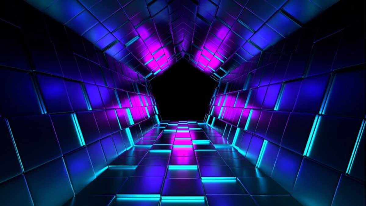Hình nền 3D với ánh sáng neon tím xanh, độ phân giải 1080x1920, chất lượng HD, tạo cảm giác không gian tương lai.