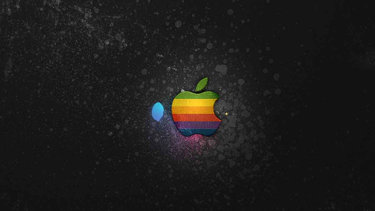 Hình nền logo cầu vồng Apple trên nền đen, độ phân giải 1080x1920, chất lượng HD, phong cách sáng tạo.
