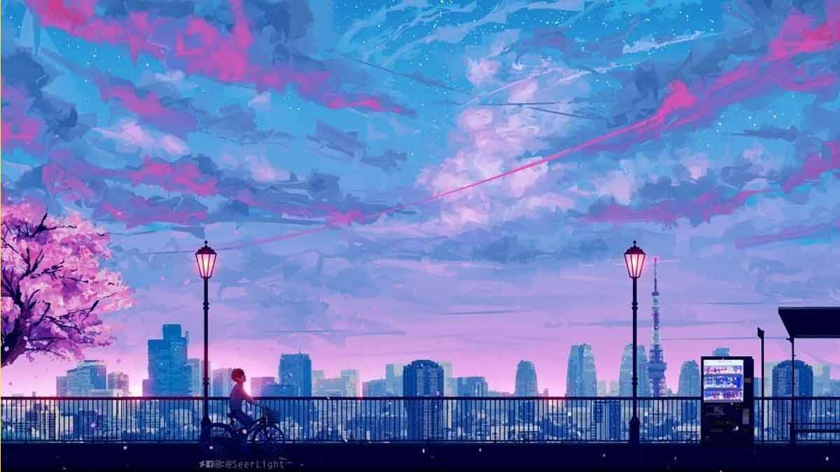 Hình nền anime cảnh đêm thành phố với cây anh đào và bầu trời đầy sao, độ phân giải 1080x1920, chất lượng HD.