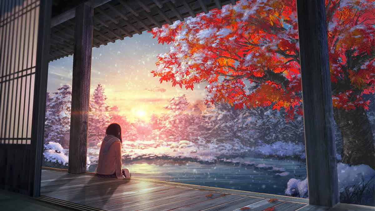 Cô gái ngắm hoàng hôn mùa đông từ hiên nhà, khung cảnh lãng mạn tuyết rơi, độ phân giải 1080x1920, chất lượng HD.
