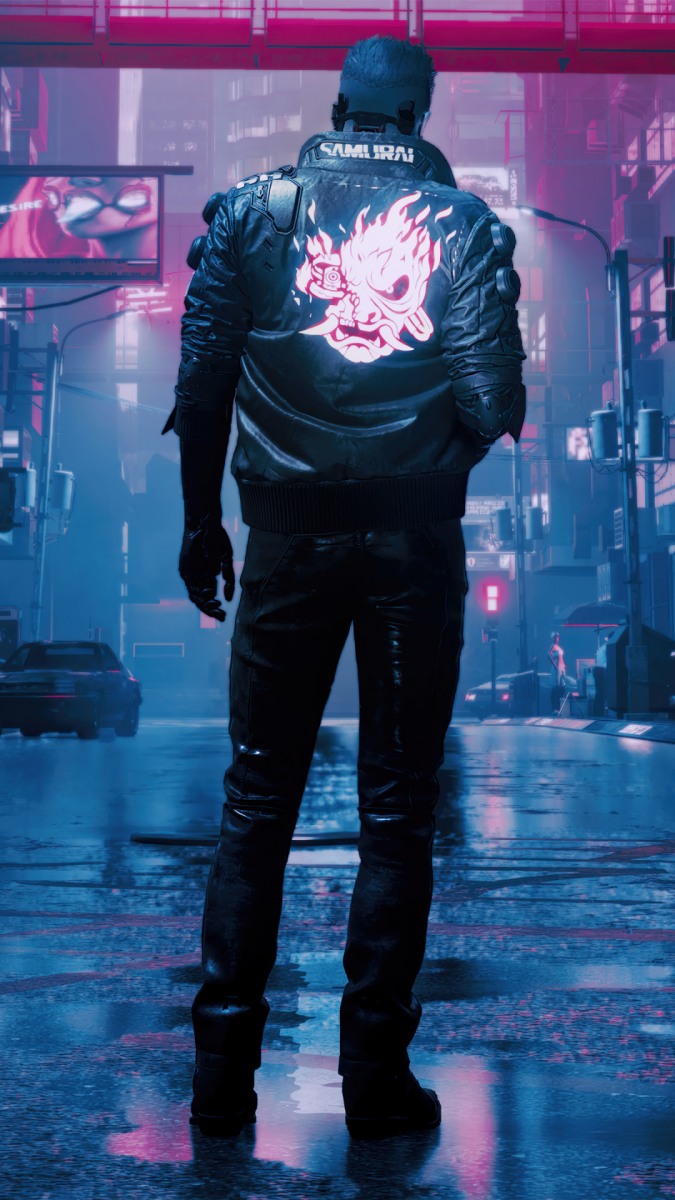 Hình nền cyberpunk độ phân giải 1200x675, chất lượng HD, nhân vật áo da trong thành phố tương lai neon.