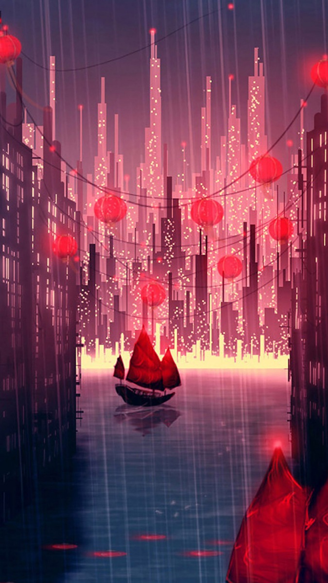 Hình nền nghệ thuật thành phố tương lai với đèn lồng đỏ và thuyền buồm, độ phân giải 1080x1920, chất lượng HD.