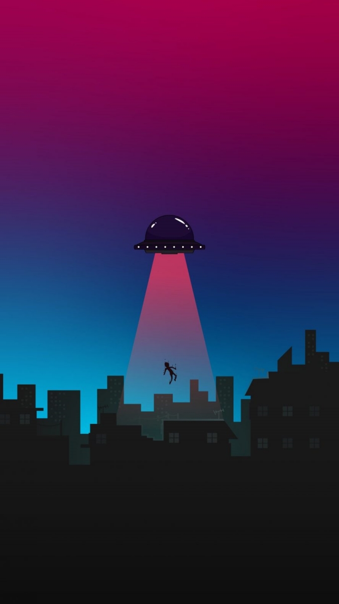 Hình nền UFO bắt cóc giữa thành phố, nền trời xanh tím, độ phân giải 1080x1920, chất lượng HD.