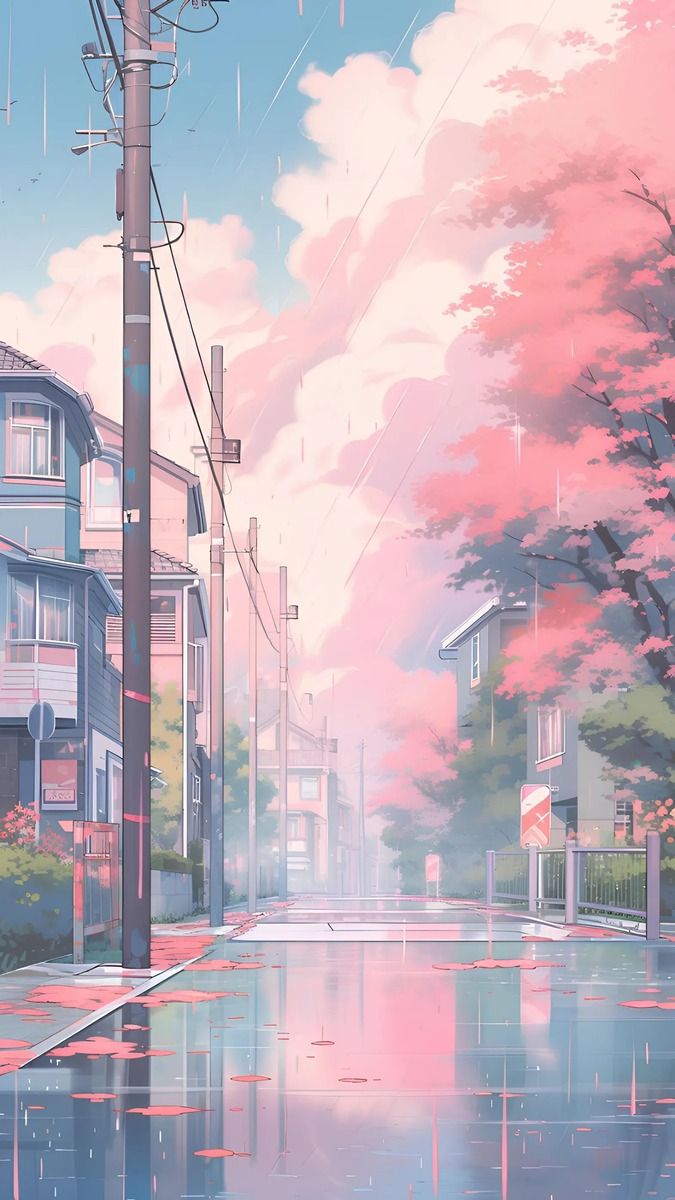 Phố mùa xuân anime với hoa anh đào rơi, trời mưa nhẹ, chất lượng HD, kích thước 1080x1920, hình nền lý tưởng.