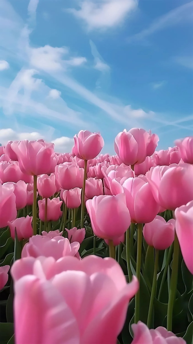 Cánh đồng hoa tulip hồng dưới bầu trời xanh, độ phân giải 1080x1920, chất lượng HD, mang đến cảm giác thư thái.