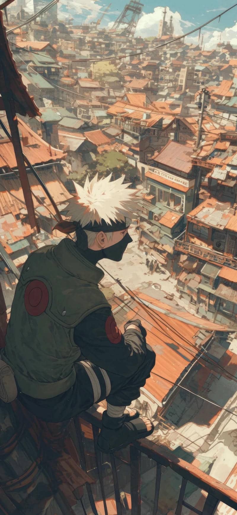Nhân vật anime ngồi trên lan can, quan sát thành phố nhộn nhịp, hình nền 1080x1920, chất lượng HD sống động.