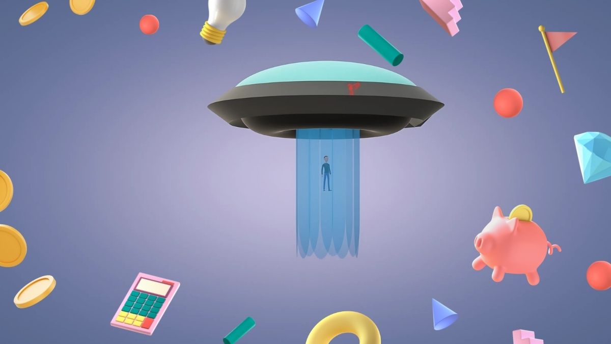 Hình nền UFO hoạt hình với các biểu tượng 3D bay lơ lửng, độ phân giải 1080x1920 HD, độc đáo và sáng tạo.