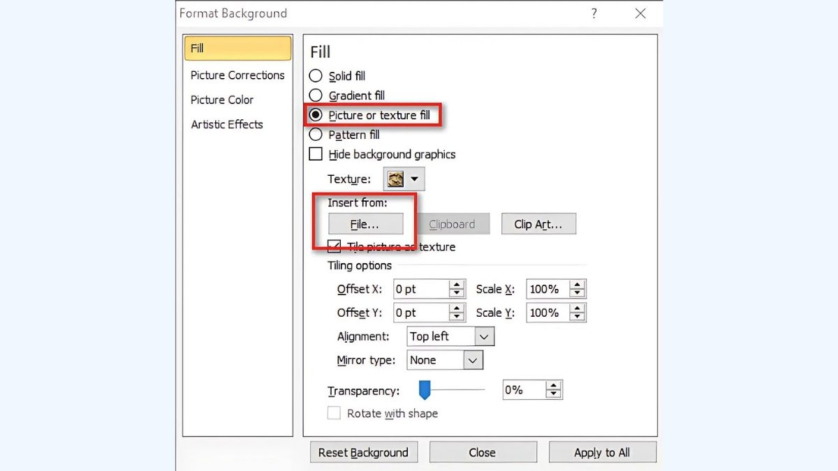 Giao diện cài đặt hình nền PowerPoint, độ phân giải 1080x1920, chất lượng HD, hướng dẫn chèn ảnh nền chuyên nghiệp.