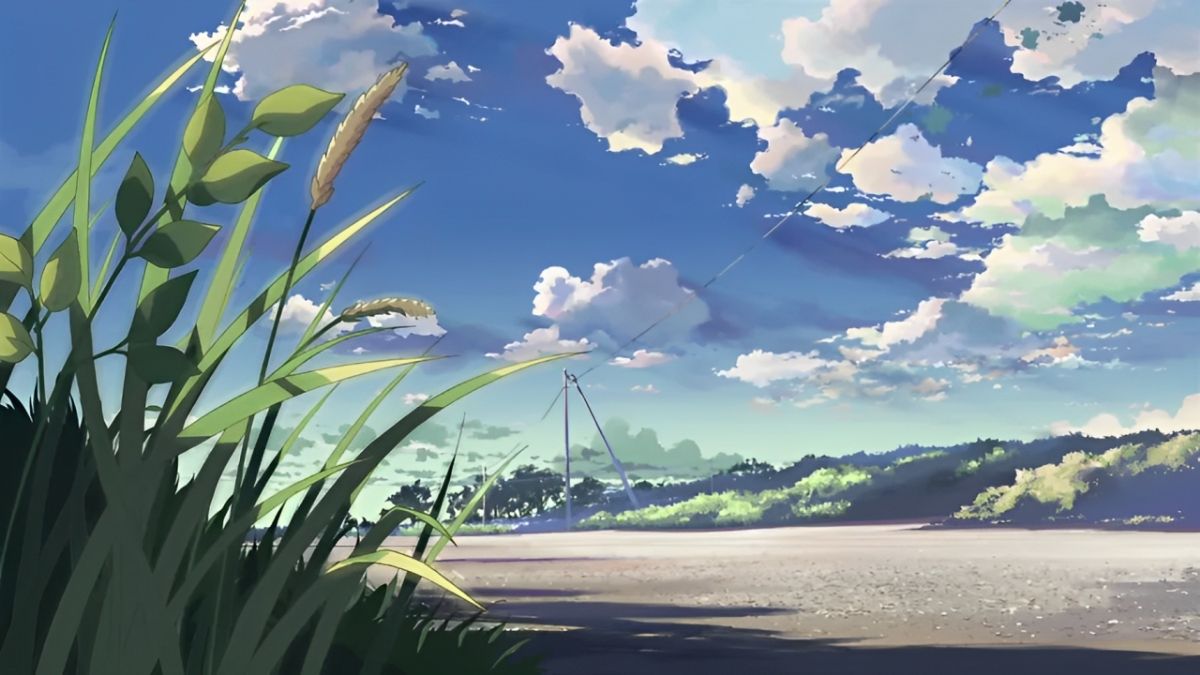 Phong cảnh đồng quê anime với bầu trời xanh và mây trắng, độ phân giải 1080x1920, chất lượng HD nền thơ mộng.