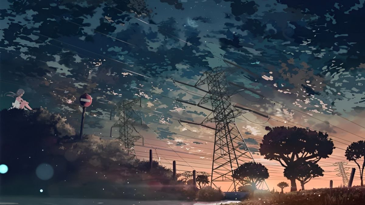 Hình nền anime cảnh hoàng hôn với cột điện và bầu trời đầy sao, 1080x1920, chất lượng HD.