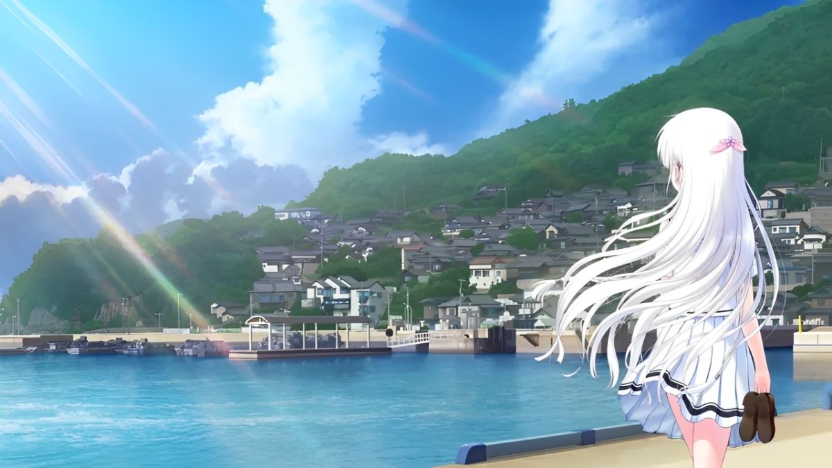 Hình nền anime cô gái đứng bên bờ biển, thị trấn nhỏ, bầu trời xanh, chất lượng HD, độ phân giải 1080x1920.