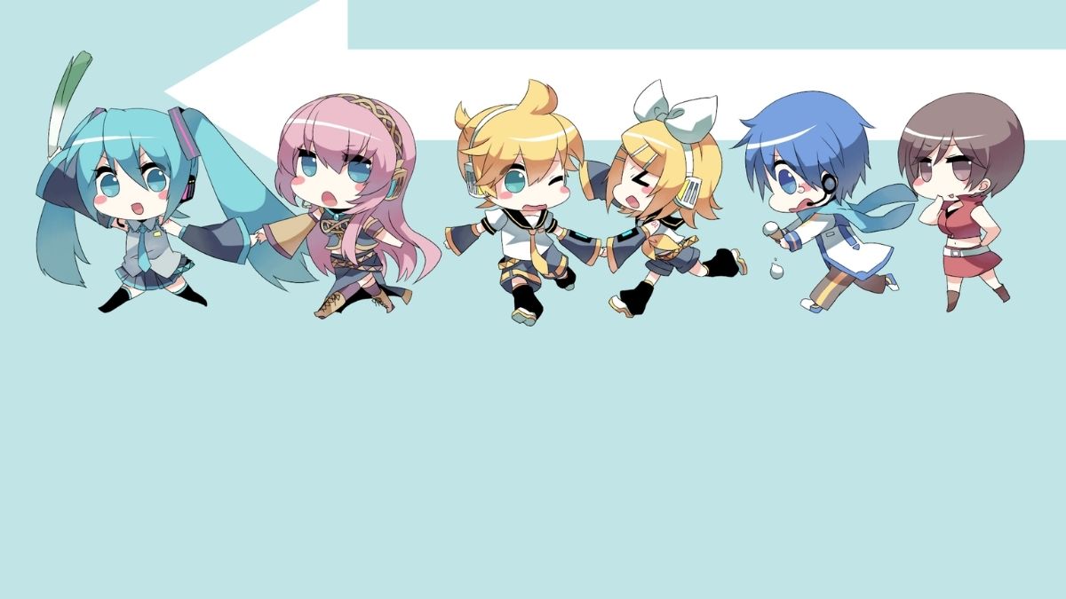 Hình nền chibi anime dễ thương, độ phân giải 1080x1920, chất lượng HD, nhân vật hoạt hình vui nhộn trên nền xanh nhạt.