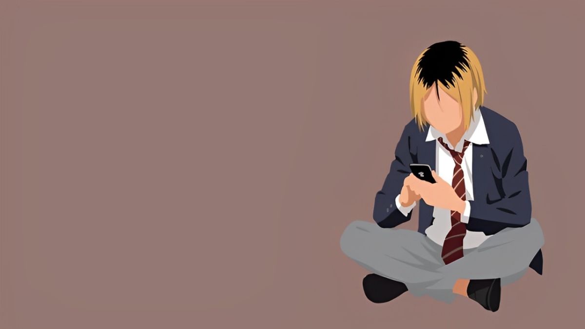 Hình nền anime nhân vật ngồi dùng điện thoại, nền nâu, độ phân giải 1080x1920, chất lượng HD, phong cách tối giản.