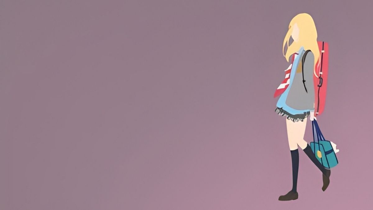 Hình nền anime cô gái cầm túi trên nền tím, độ phân giải 1080x1920, chất lượng HD, phong cách tối giản.