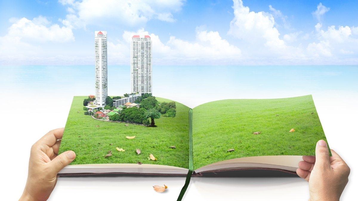 Cuốn sách mở ra cảnh quan với tòa nhà cao tầng, bầu trời xanh, 1080x1920 HD, hình nền sáng tạo và hấp dẫn.