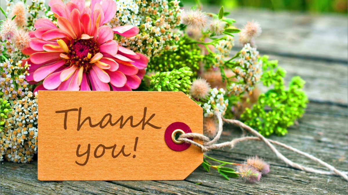 Hoa tươi và thẻ "Thank you" trên nền gỗ, hình nền 1080x1920, chất lượng HD, chủ đề cảm ơn tự nhiên.