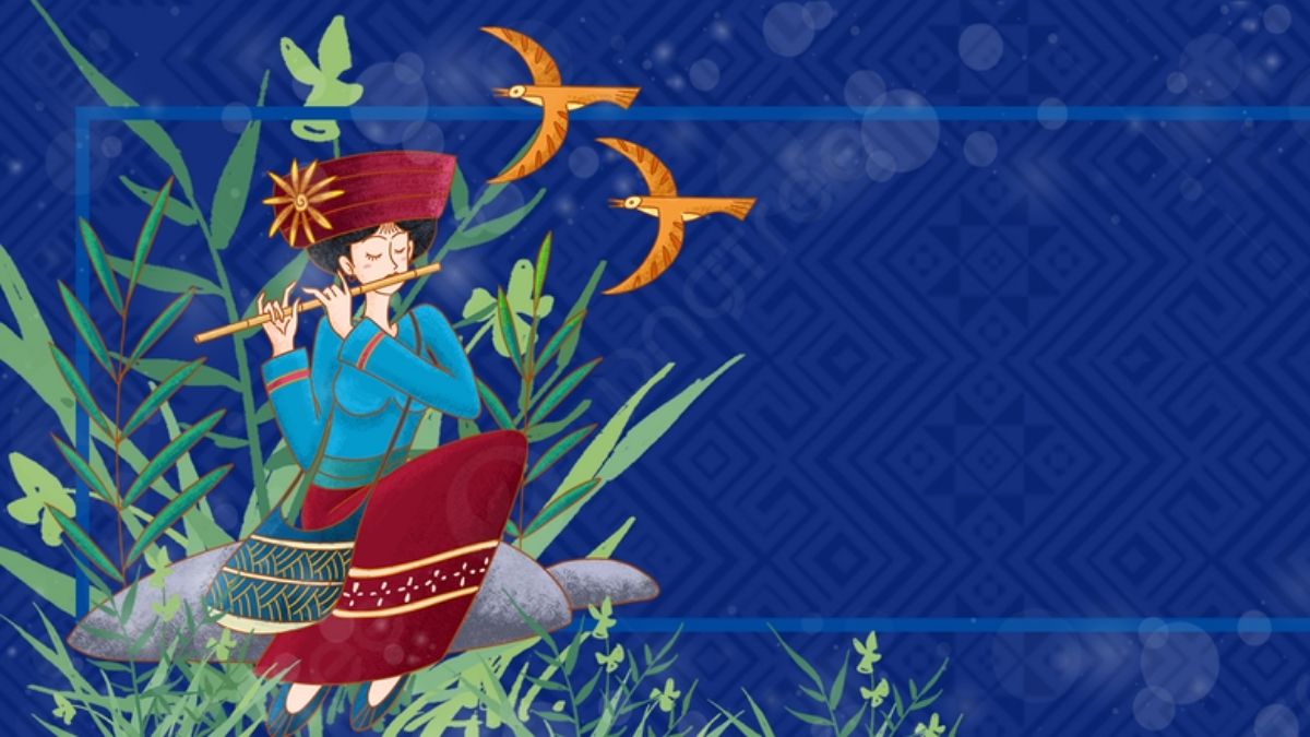 Hình nền nghệ thuật dân gian, người thổi sáo, 1080x1920, HD, chủ đề văn hóa truyền thống, tông màu xanh.