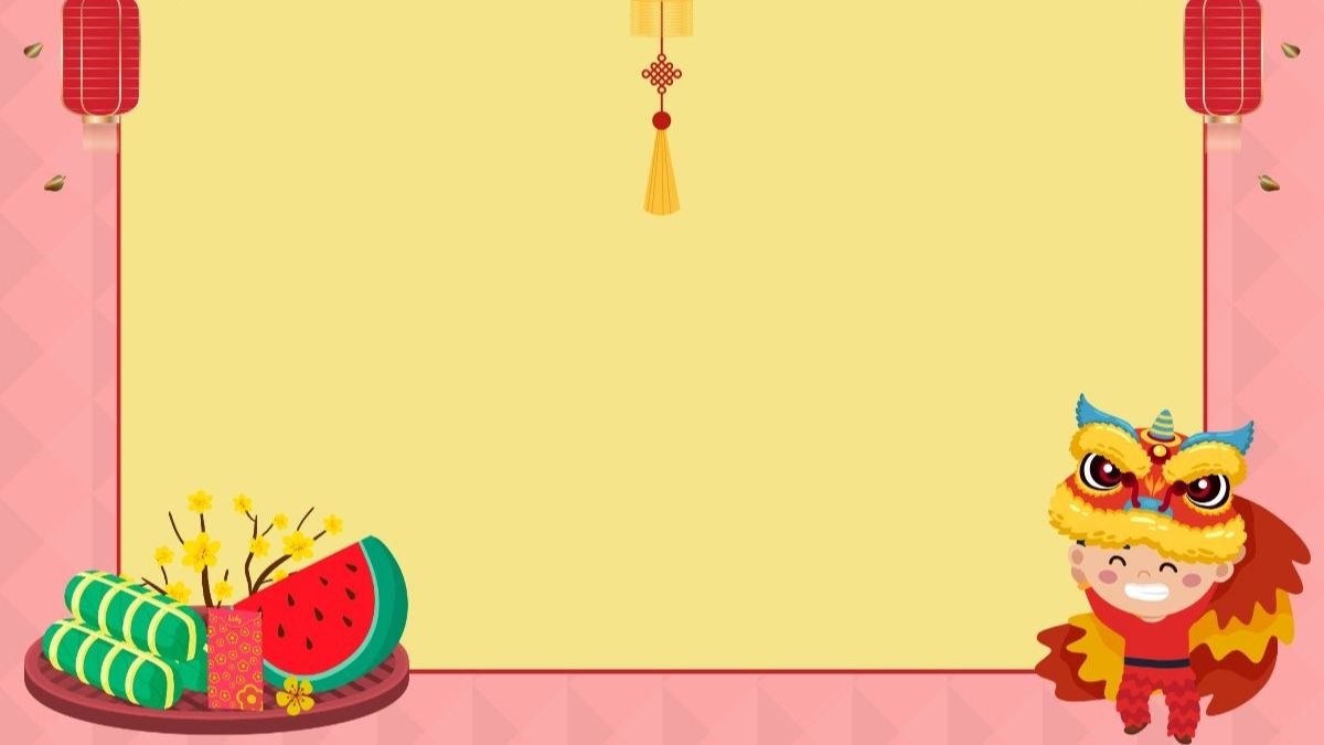 Hình nền Tết cổ truyền với lồng đèn đỏ, bánh chưng, và múa lân, độ phân giải 675x1200, HD.