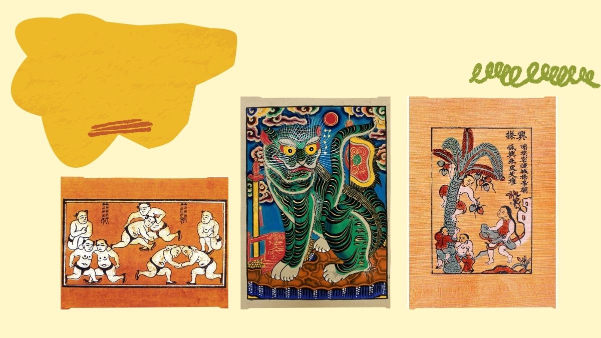 Tranh Đông Hồ nền vàng, độ phân giải 675x1200, chất lượng HD, nghệ thuật dân gian Việt Nam.