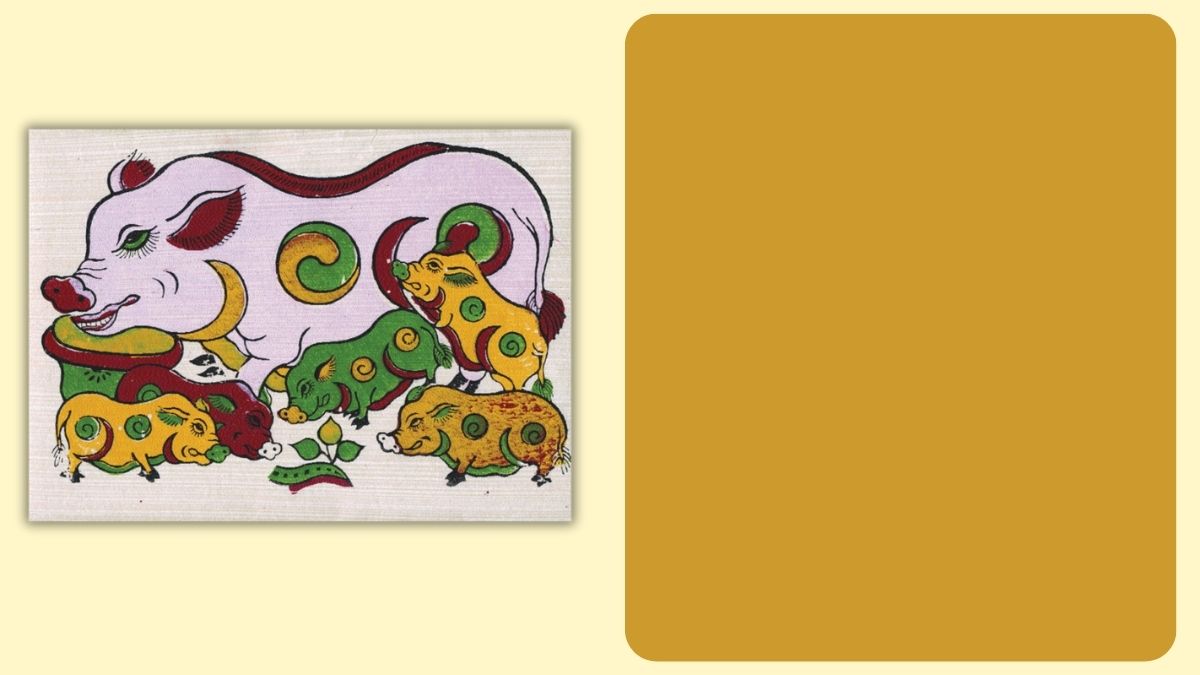 Tranh Đông Hồ lợn đàn truyền thống, độ phân giải 675x1200, chất lượng HD, nghệ thuật dân gian Việt Nam.