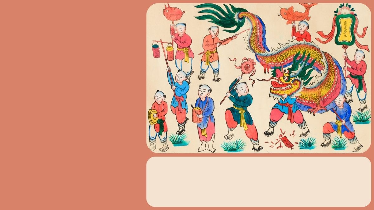 Tranh Đông Hồ mô tả múa lân, độ phân giải 1080x1920, chất lượng HD, nghệ thuật dân gian Việt Nam, lễ hội truyền thống.