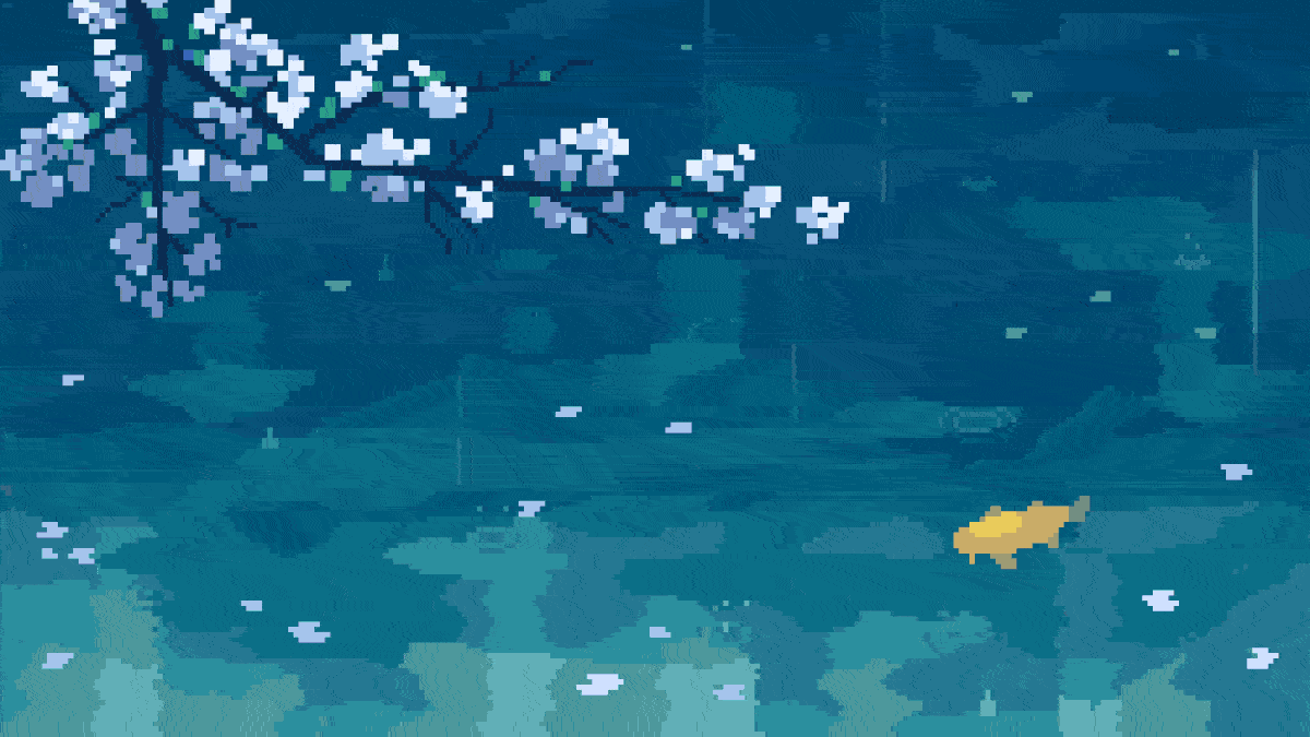 Hình nền pixel art cá vàng dưới nhánh hoa, độ phân giải 1080x1920, chất lượng HD, phong cách nghệ thuật thanh bình.