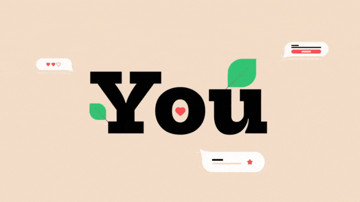 Hình nền chữ "You" với trái tim và lá xanh, độ phân giải 1080x1920, chất lượng HD, phong cách thiết kế tối giản.
