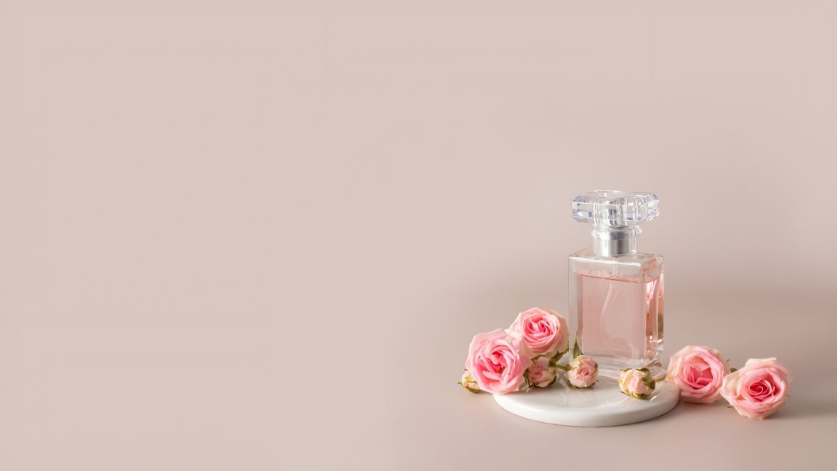Chai nước hoa và hoa hồng trên nền hồng, chất lượng HD, độ phân giải 675x1200, chủ đề tinh tế, từ khóa: nước hoa, hoa hồng.