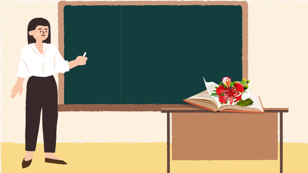 Giáo viên đứng cạnh bảng đen và bàn học với sách mở, hoa tươi; hình nền học tập, độ phân giải 1080x1920, HD.
