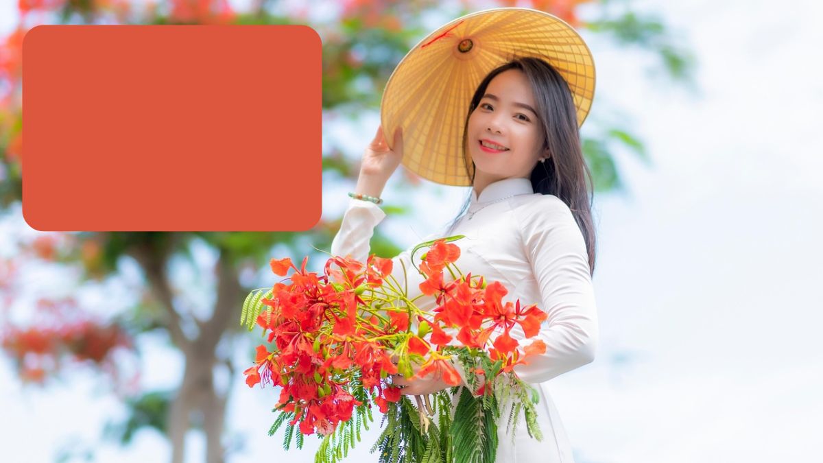 Thiếu nữ trong trang phục truyền thống với nón lá, hoa phượng đỏ, nền trời xanh, ảnh HD 1080x1920.
